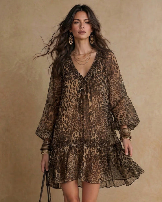 Jurk V-Hals Luipaardprint Pofmouw Ruche