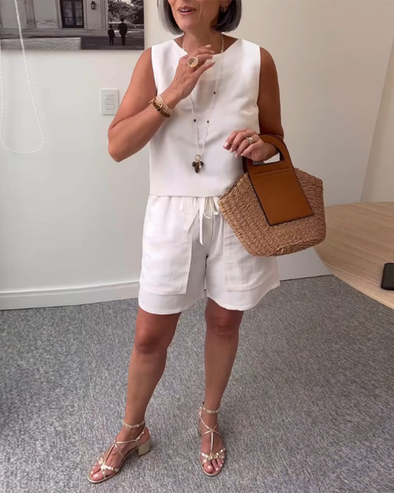 Pak Ronde Hals Vest Shorts Effen Kleur