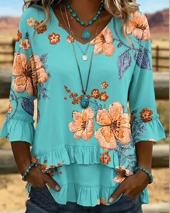 Blouse V-Hals Vintage Bloemen Loose Fit