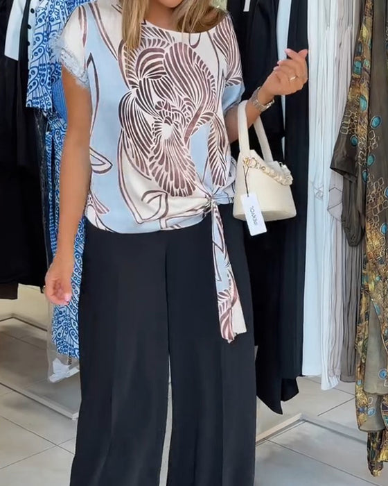 Blouse Met Ronde Hals Vetersluiting Onregelmatig