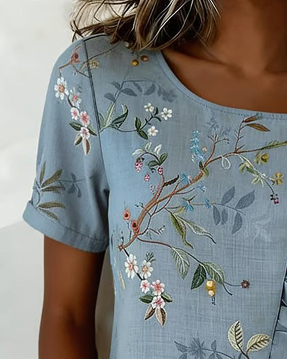 Blouse Ronde Hals Korte Mouw Ruche Bloemen