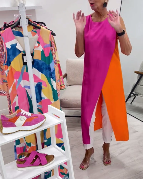 Blouse Mouwloos Contrastkleur Splits Lang