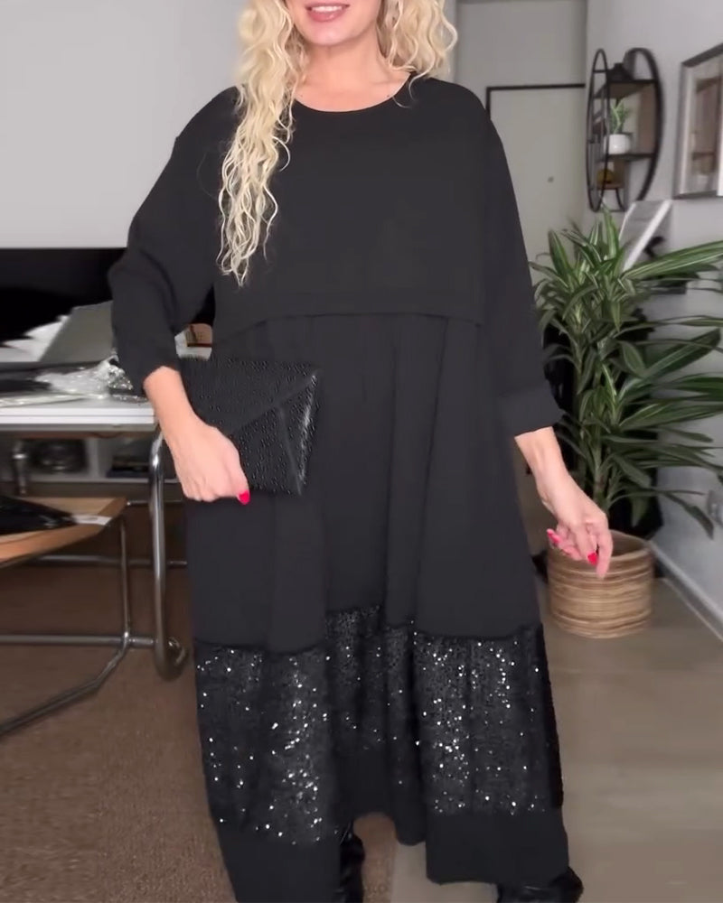 Jurk Ronde Hals Paillet Patchwork Loose