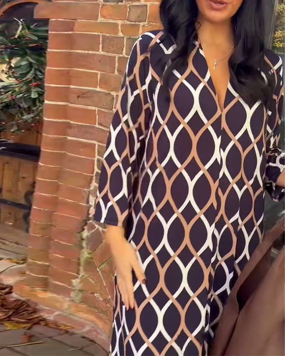 Retro geometrische print V-hals casual jurk