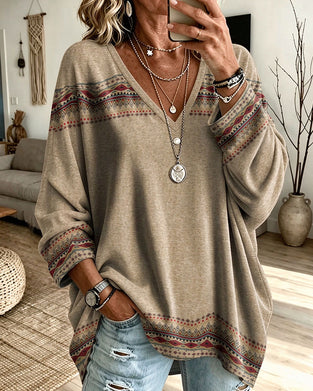 Top V-hals Geprint Contrastrijk Lange Mouw Loose