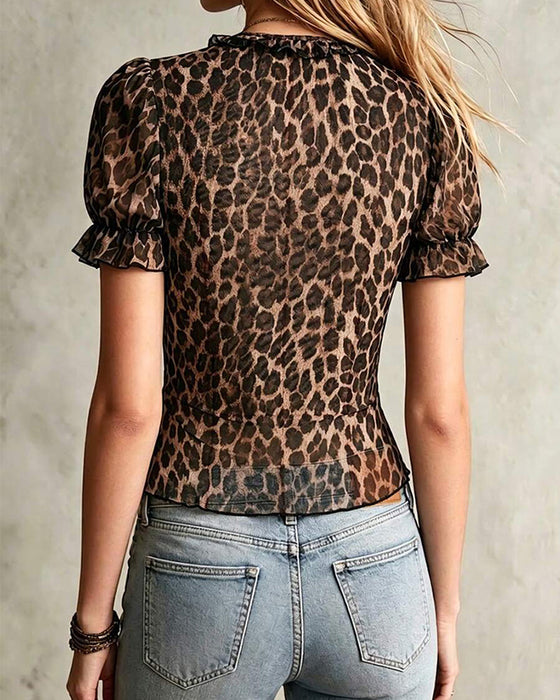 Blouse V-Hals Luipaard Print Ruffle Pofmouw