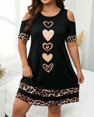 Jurk Ronde Hals Off-Shoulder Luipaard Hart