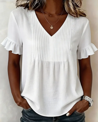 Blouse Gerimpeld V-hals Korte Mouw