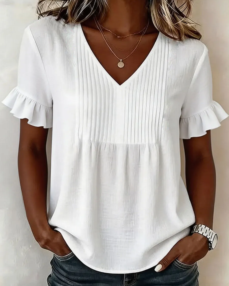 Blouse Gerimpeld V-hals Korte Mouw