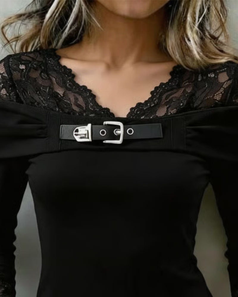 Blouse V-Hals Kant Paneel Slim