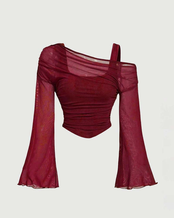Blouse Gaas Geruwd Lange Mouw Cami