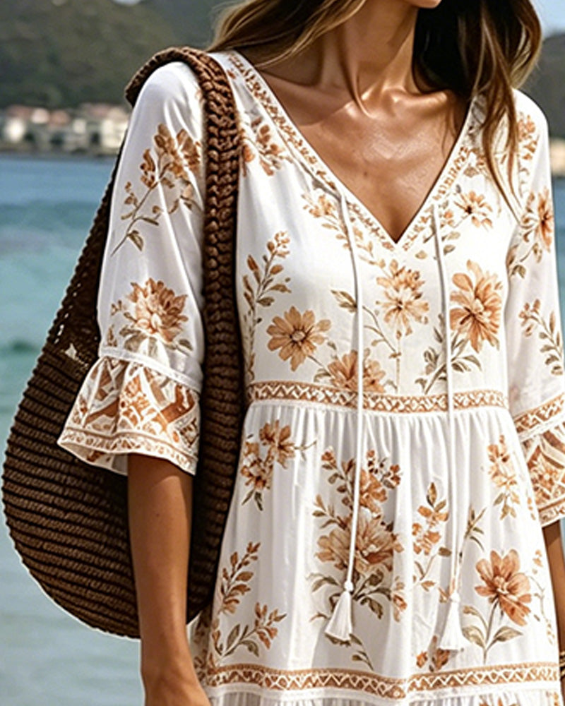 Jurk V-Hals Patchwork Bloemen Vakantie