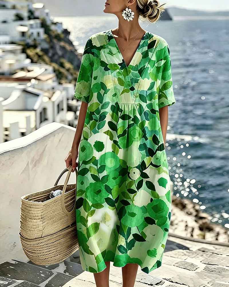 Jurk Aquarel Bloemen V-Hals