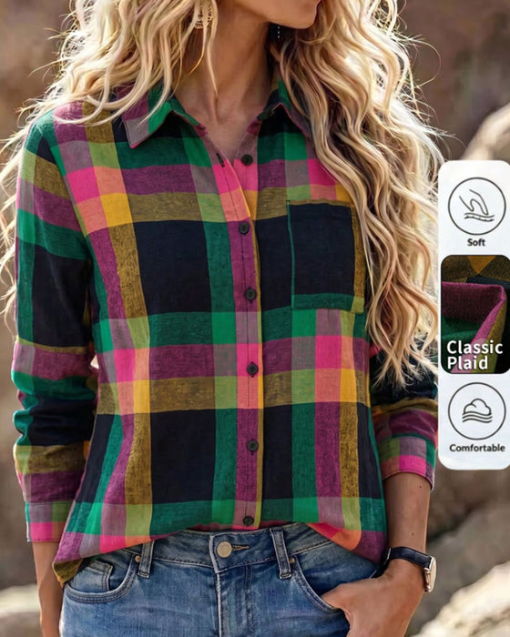 Blouse Kraag Zak Geruit Overhemd