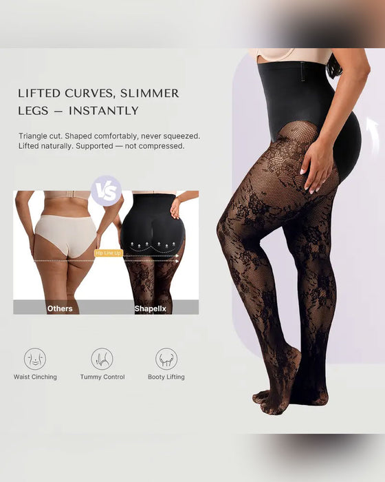 Dames vormende panty met hoge taille en bloemenkant