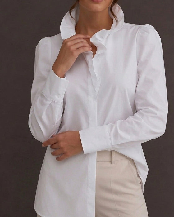 100% Katoen Blouse Ruffle Rand Lange Mouw Pofmouw