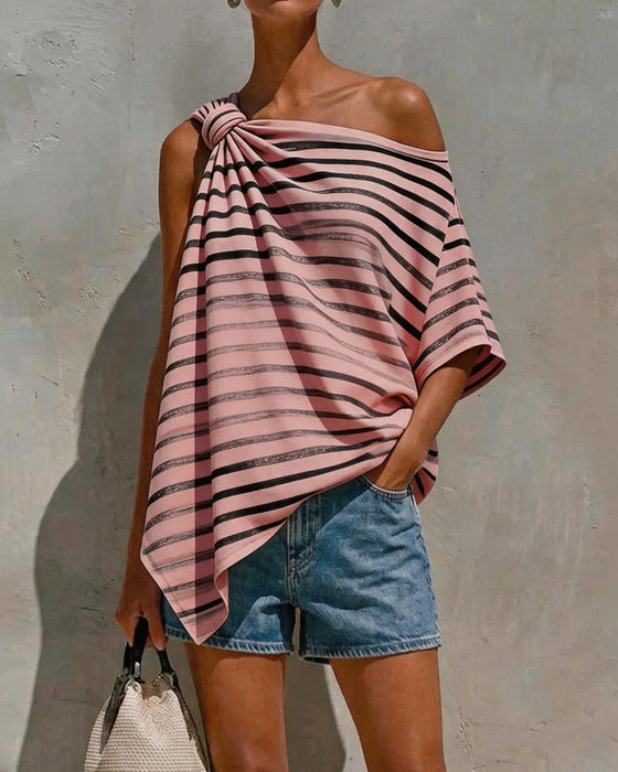 Blouse Gestreept Een-Schouder Twist Knoop