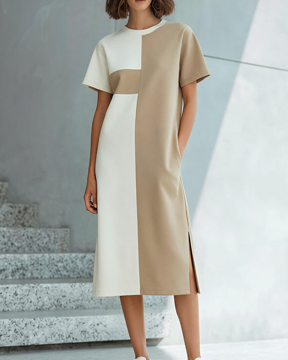 Jurk Color-Block Korte Mouw Split Knie-Lengte