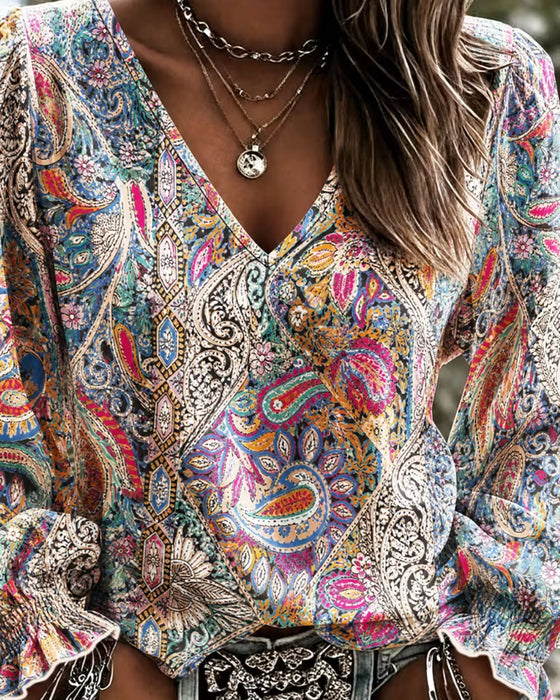 Blouse V-Hals Bohemien Ballon Mouw