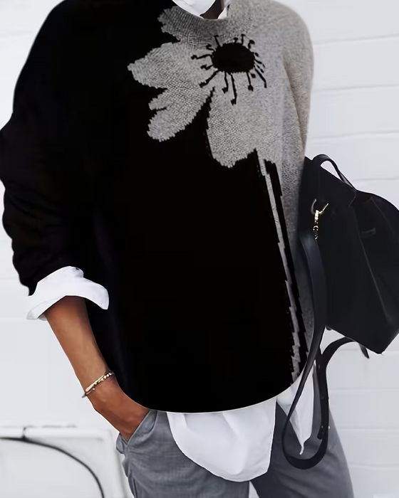 Pullover Kleurblok Groot Bloemen Jacquard Rond Hals