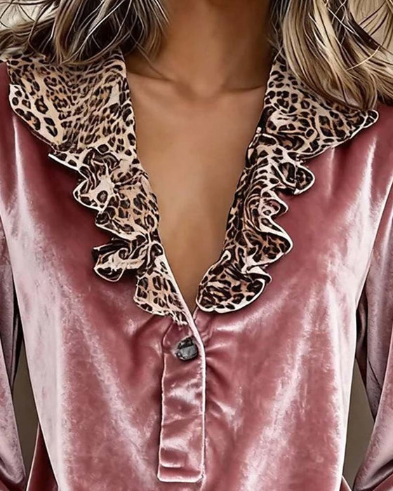 Blouse V-Hals Luipaard Print Ruffle Mouw