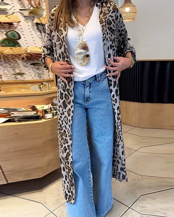 Luipaardprint lange jas met lange mouw en knoop