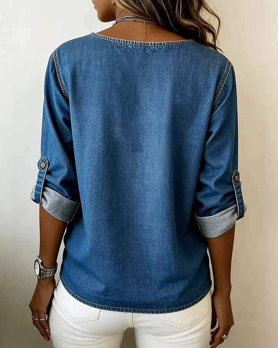 Blouse Ronde Hals Zijsplit Knoop