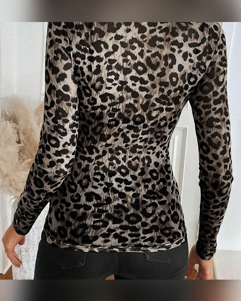 Top Luipaardprint Ronde Hals Lange Mouw