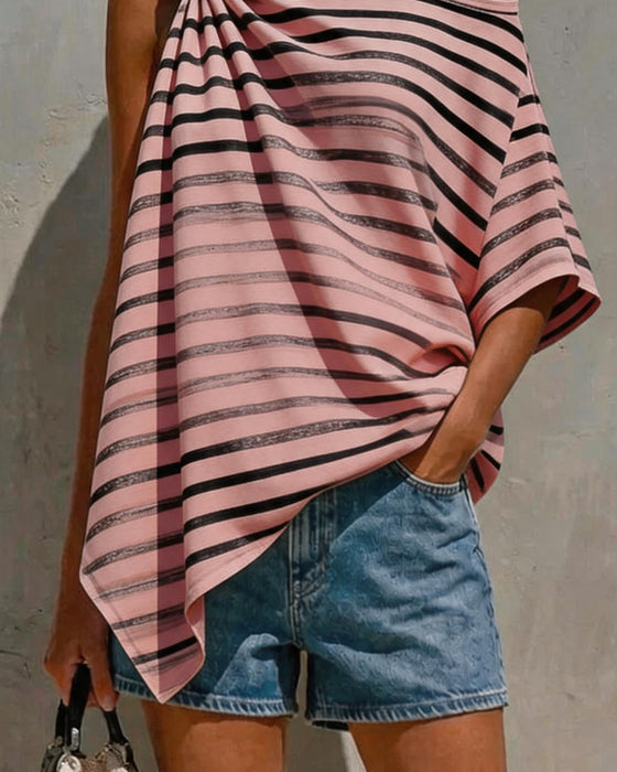 Blouse Gestreept Een-Schouder Twist Knoop