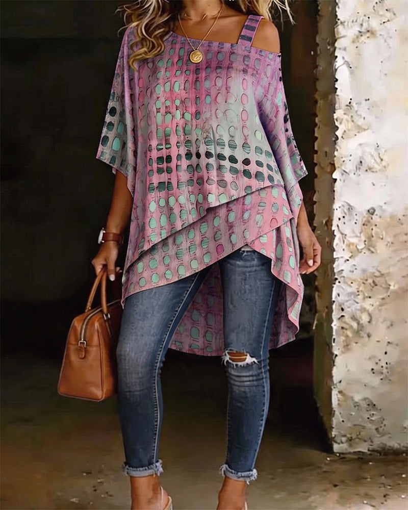 Blouse Stippenprint Een-Schouder Onregelmatig