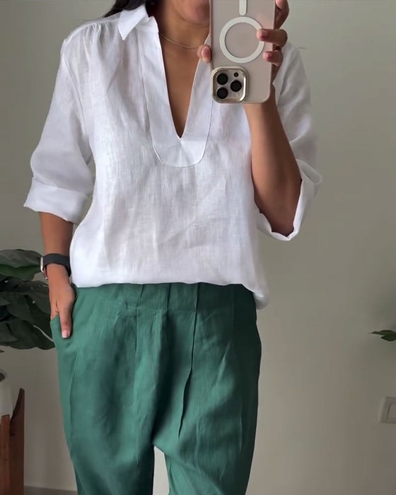 Blouse Met Kraag Van Katoen-Linnen