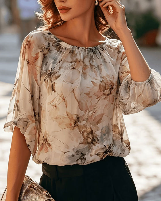 Blouse Inkt Was Bloemen Ballon Mouw