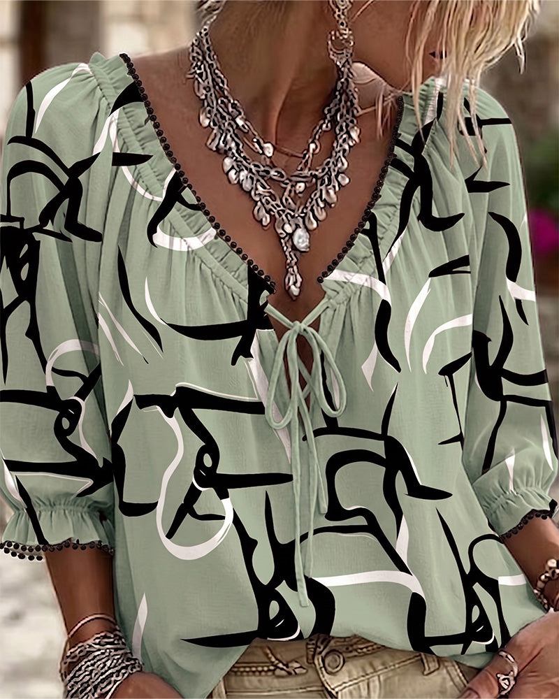 Blouse Abstracte Print V-Hals Vetersluiting