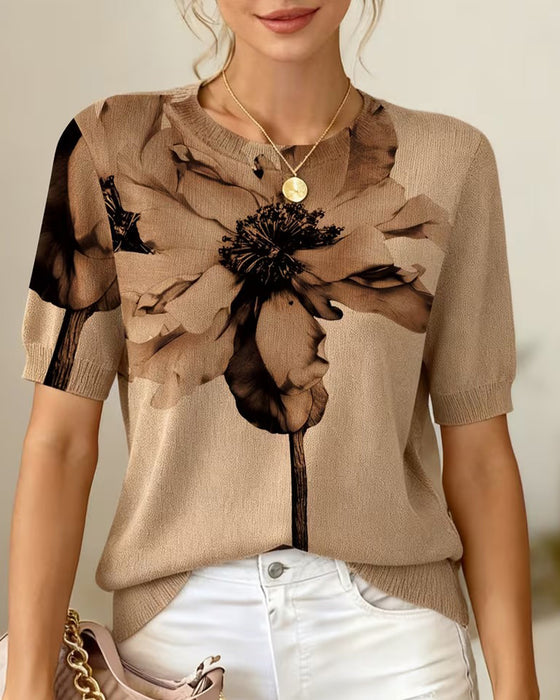 Pullover Bloemenpatroon Gebreid Korte Mouw