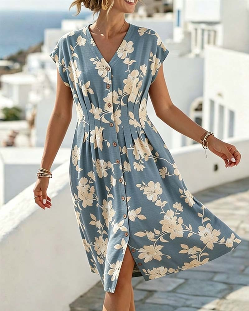 Jurk V-Hals Print Getailleerde Taille Knoopsluiting Voorzijde