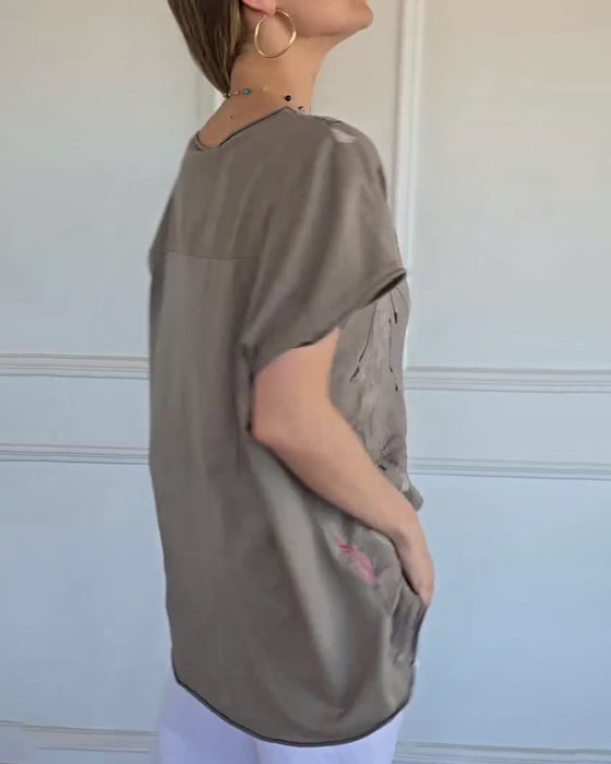 Blouse Ronde Hals Casual Print Kort Mouw