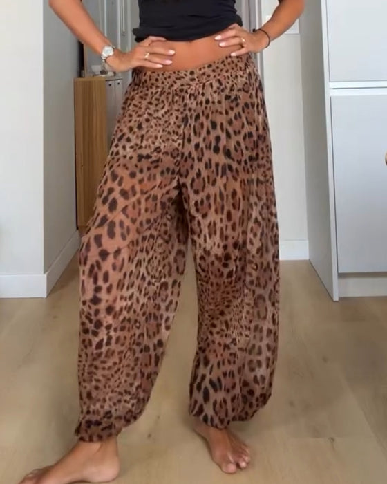 Broek Elastische Taille Luipaard Print Wijde Pijp Lang