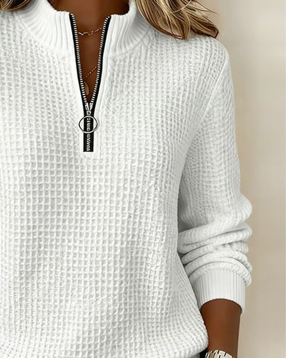 Sweatshirt Staande-Kraag Rits Lange-Mouw Wafel