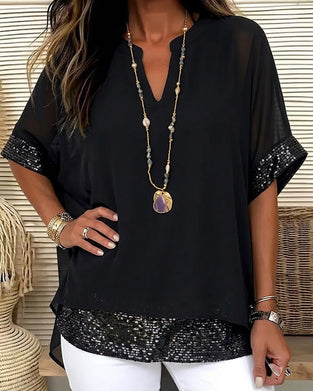 Blouse Pailletten Patchwerk Doorzichtig Los