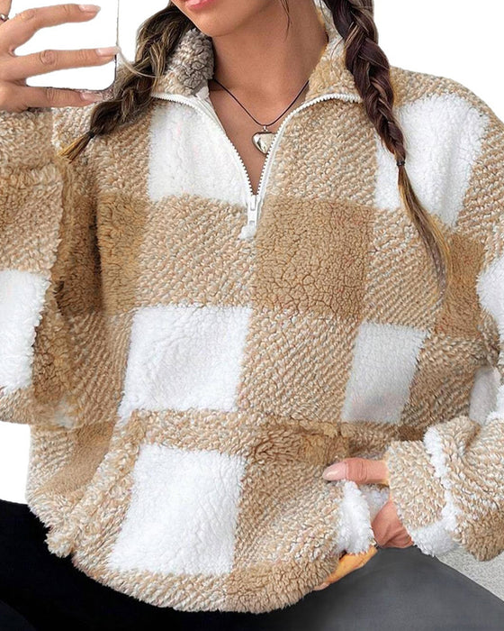 Sweatshirt Half-Zip Staande Kraag Ruitpatroon