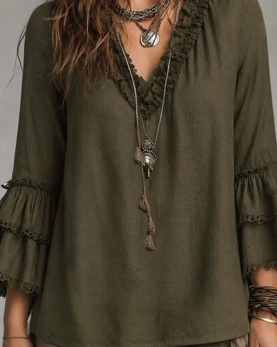 Blouse V-Hals Twee-Niveau Mouw Ruffle