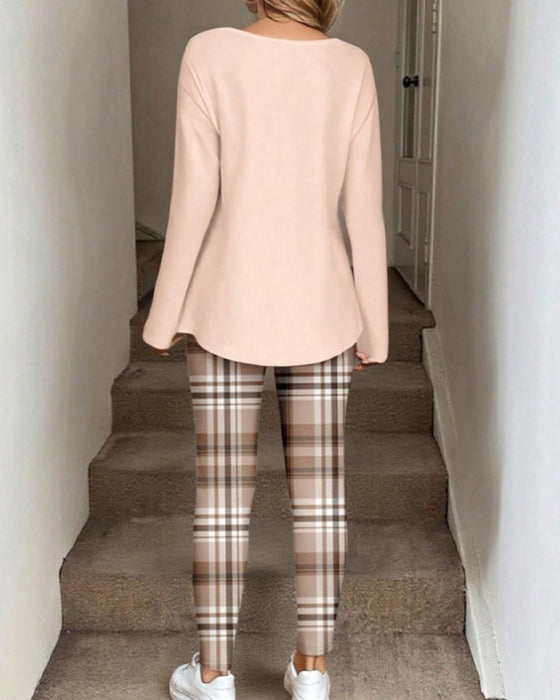 Set V-Hals Effen Top + Ruit Broek Loungewear