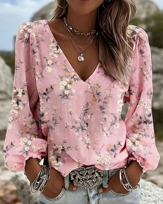 Blouse Bloemen V-Hals Pofmouw