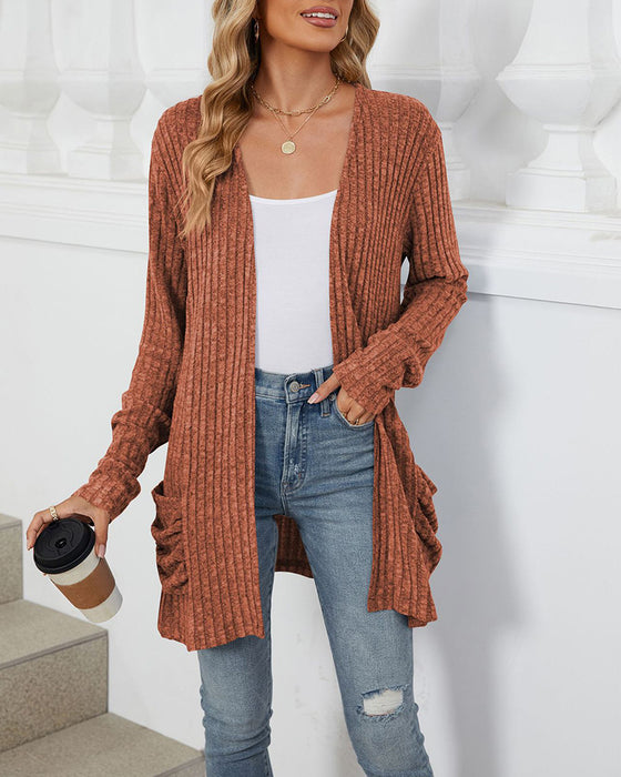 Casual effen kleur cardigan met lange mouwen en zak