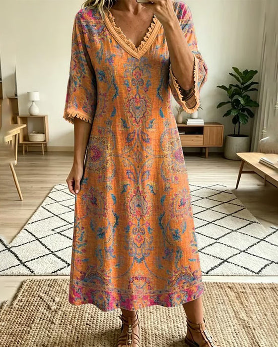 Jurk Vintage V-Hals Bloemenprint
