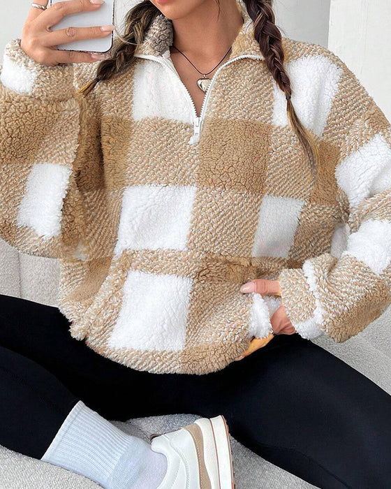 Sweatshirt Half-Zip Staande Kraag Ruitpatroon
