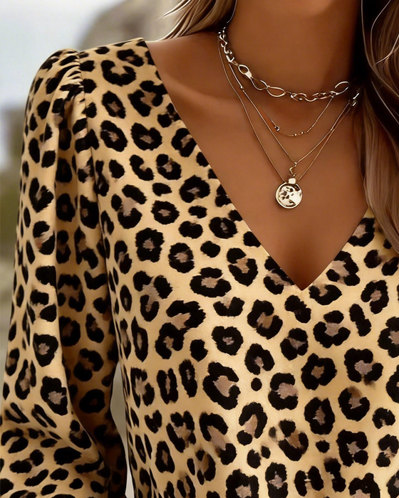 Blouse Luipaardprint V-Hals Bel Mouw