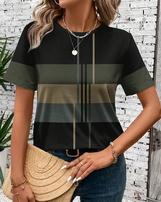 T-Shirt Ronde Hals Geometrische Print Korte Mouw