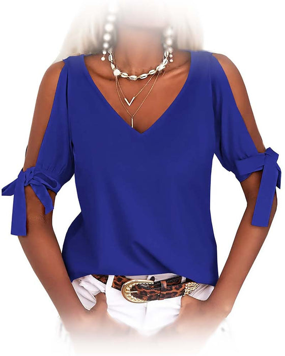 Blouse V-Hals Cold Shoulder Strik Effen