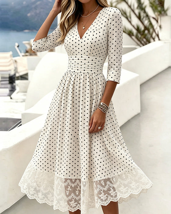 Jurk V-Hals Polka Dot Kant Patchwork